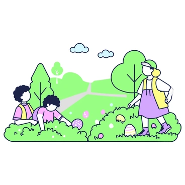 A group of children is searching for Easter eggs scattered across a park. There are four children; one has curly hair and a pink shirt, another has blonde hair wearing a yellow vest, the third child is in a blue dress, and the last one has short hair with a green cap. The children are looking beneath bushes, around trees, and in the grass. Various Easter eggs in different colors and patterns are partially hidden among the flowers and tall grass. The park features green trees, a pathway, and a large grassy area where the children are playing. In the background, a clear sky is visible with a few fluffy clouds.