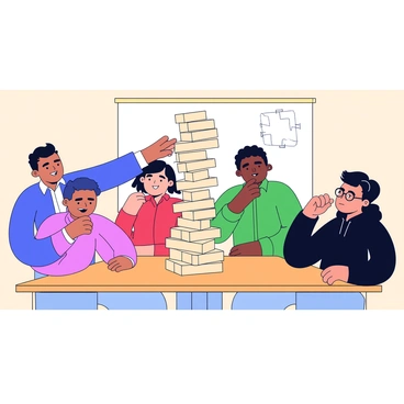 A group of four coworkers is gathered around a large wooden table in a conference room. They are intently focused on a Jenga tower made of light-colored wooden blocks, which is stacked precariously in the center of the table. The first coworker, wearing a blue shirt, is reaching out to carefully pull a block from the tower, while another coworker, in a red sweater, watches with an anxious expression. The third coworker, dressed in a green dress shirt, is leaning in to get a better view, and the last coworker, wearing glasses and a black hoodie, is holding his breath in anticipation. The walls of the conference room are painted a soft beige, and a whiteboard can be seen in the background with some notes scribbled on it.