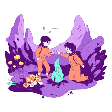 A group of children wearing bright orange spacesuits is exploring a vibrant alien planet. The landscape is filled with unusual plants that have large, purple leaves and glowing yellow flowers. In the background, there are towering rock formations with intricate patterns. The children are interacting with the plants, one child is pointing at a shimmering, teal plant, while another is kneeling to examine a cluster of small, floating orbs above the ground. Each child's expression shows wonder and curiosity as they navigate this otherworldly environment.