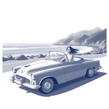 A woman sits confidently in the driver's seat of a vintage convertible car. The car features curved lines and chrome accents that highlight its classic design. The woman has shoulder-length hair flowing in the wind as she steers the vehicle. The coastal road extends ahead, lined with a rocky shoreline and gentle waves crashing against the cliffs. In the background, there are lush green hills that rise dramatically from the coast, creating a picturesque scene. The sky is clear, allowing sunlight to illuminate the road and the car.
