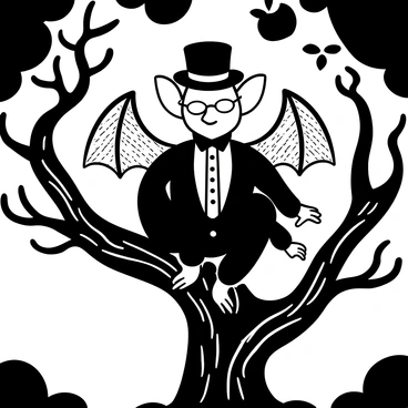 A bat wearing Victorian attire, featuring a finely detailed top hat and an ornate monocle, is perched on a gnarled tree branch. The bat's wings are slightly spread, showcasing intricate patterns. The background includes a few twisted branches and sparse leaves, enhancing the Gothic atmosphere. The overall scene is set in a dark, moody environment, with shadows and highlights accentuating the bat's attire.