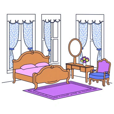 A Victorian-era bedroom with intricately detailed lace curtains hanging from tall windows. The room features a large, ornately carved wooden bed with a plush, tufted headboard. There is an antique dressing table with a round mirror, accompanied by a delicate porcelain vase holding a few fresh flowers. A richly patterned area rug covers the wooden floor, and a vintage armchair with floral upholstery is placed in one corner. Soft light filters through the lace curtains, casting gentle shadows on the opulent furnishings.