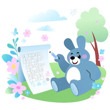 A colorful children's storybook illustration featuring a vibrant outdoor scene with a sunny sky and fluffy clouds. In the foreground, a large, friendly-looking animal, such as a bear or a bunny, is sitting on the grass, holding a pencil and looking at a crossword puzzle. The crossword puzzle is displayed on a piece of paper beside the animal, with some letters filled in and playful illustrations of various objects scattered around. Surrounding the animal are bright flowers and playful butterflies fluttering in the air. In the background, there are trees with lush green leaves, enhancing the cheerful atmosphere of the scene.