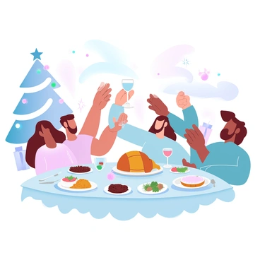 A decorated table is set for a festive holiday celebration, adorned with colorful ornaments and twinkling lights. A variety of dishes, including a golden roasted turkey and vibrant side dishes, are arranged on the table. Friends and family are gathered around, joyfully chatting and toasting with glasses raised. In the background, a beautifully decorated Christmas tree is visible, with presents of various sizes placed underneath. Candles flicker softly, adding warmth to the atmosphere.