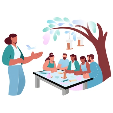 A woman named "Emma" is standing in front of a group of people gathered around a table filled with tools and materials for making wooden bird feeders. Emma is gesturing towards a partially assembled bird feeder, showcasing its features. The participants, a diverse group of adults and children, are focused on their own projects, with saws, wood pieces, and paint scattered across the table. Brightly colored bird feeder designs are leaning against a nearby tree, while a few birds are perched on the branches above, adding to the lively atmosphere of the workshop.