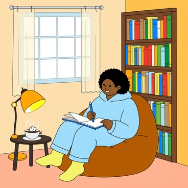 A cozy nook featuring a young student with medium skin and curly black hair sitting on a plush, oversized bean bag. The student is dressed in a light blue hoodie and comfortable pajama pants, with bright yellow socks peeking out. They are focused on writing in an open notebook placed on their lap, with a bright blue pen in hand. The nook is lined with tall shelves filled with colorful books, some stacked horizontally and others standing upright. A small table beside the bean bag holds a steaming cup of hot chocolate topped with whipped cream. A warm, golden glow from a nearby lamp illuminates the space, creating a welcoming atmosphere. The corner has a large window with sheer curtains, allowing soft daylight to filter in, enhancing the cozy feel of the nook.