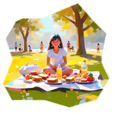 A girl with dark hair wearing jhumka earrings is sitting on a picnic blanket in a sunny park. She is smiling and having a good time, surrounded by an assortment of colorful picnic foods such as sandwiches, fruits, and a bottle of juice. The blanket is spread out on lush green grass, dotted with small wildflowers. In the background, tall trees provide shade, and there are a few people walking dogs and children playing nearby. The sunlight creates a warm, inviting atmosphere, highlighting the joy of the picnic.