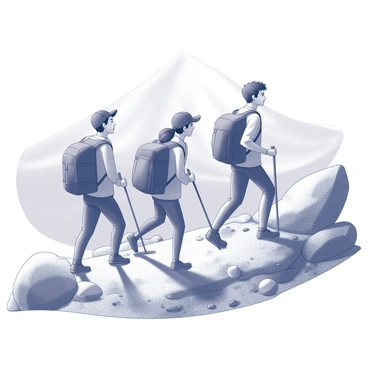 A group of three friends hiking up a mountain trail. Each friend is wearing a backpack secured to their body. The first friend has short hair and is wearing a cap, while the second friend has long hair tied in a ponytail and is wearing a jacket. The third friend is wearing a shirt with rolled-up sleeves. The trail is surrounded by large rocks and sparse vegetation on either side. In the background, a scenic view of the mountain peak rises against the sky, adding depth to the landscape.