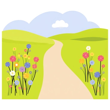 A narrow dirt path meanders through a vibrant field filled with an array of wildflowers. The wildflowers display a variety of colors including bright yellows, deep reds, soft blues, and vivid purples. The path is bordered by lush green grass, creating a natural frame around the flowers. In the background, there are rolling hills that add depth to the scene, while a clear blue sky stretches overhead, dotted with a few fluffy white clouds.