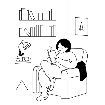 A cozy corner featuring a person curled up in a plush armchair. The person, with short hair, is wearing a comfortable sweater and is holding a book in their hands. A warm blanket is draped over their legs, partially covering them. Nearby, a small round side table holds a steaming cup of tea and a small potted plant. A lamp with a soft shade illuminates the scene, casting gentle shadows in the corner. The walls are adorned with bookshelves filled with various books and a few framed pictures.