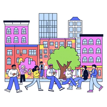 A vibrant urban scene filled with various buildings showcasing different architectural styles. There are modern skyscrapers with large glass windows alongside older brick structures with intricate details. People of diverse backgrounds are walking along the sidewalks, some holding coffee cups and others engaged in conversation. Brightly colored street art can be seen on the walls, featuring bold murals and graffiti that reflect the city's culture. A park bench is placed near a tree, where a couple sits and enjoys their surroundings.