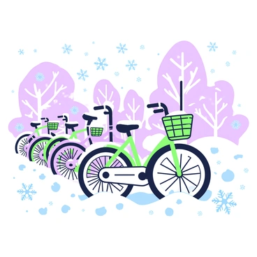 A row of bicycles parked along a snowy street, each covered in intricate snowflakes. The bicycles are various models, with some featuring baskets and others having colorful frames. The street is blanketed with a thick layer of snow, and fluffy snowflakes are gently falling from the sky, adding to the serene winter atmosphere. In the background, silhouettes of snow-covered trees line the street, creating a cozy scene. The tires of the bicycles are partially obscured by the snow, emphasizing the chill in the air.