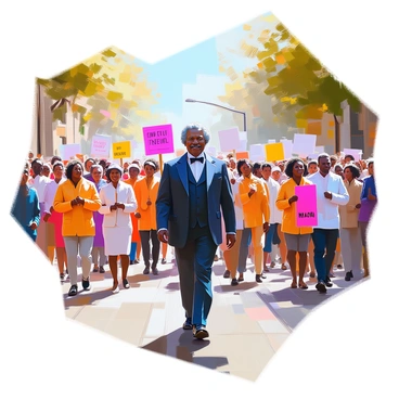 A historical scene depicting "Frederick Douglass" at the forefront of a peaceful civil rights march. He is an imposing figure, with strong features and a dignified expression, wearing a dark suit, a white shirt, and a bow tie. Surrounding him are diverse groups of people, men and women of varying ages and ethnic backgrounds, all holding signs with messages advocating for equality and justice. The crowd is gathered on a wide street, flanked by trees lining the sidewalk, and the atmosphere conveys a sense of unity and purpose. The participants are marching together, some smiling while others look determined, creating a vivid representation of solidarity.