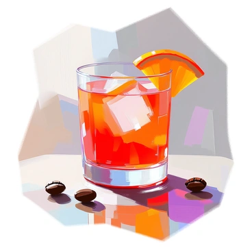 A close-up illustration of a "negroni" cocktail in a classic glass, filled with deep red liquid. The drink is garnished with a twist of orange peel and a slice of orange resting on the rim. The glass is placed on a wooden bar surface, and there are scattered coffee beans around it. The setting includes soft backlighting that highlights the reflections of the cocktail within the glass. The composition focuses on the rich color and texture of the drink, emphasizing the vibrant hues and fresh ingredients.