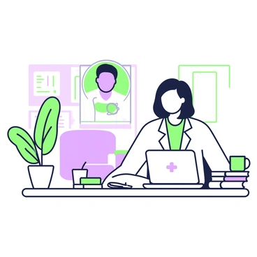 A doctor is sitting at a wooden desk in a cozy home setting, speaking to a patient through a laptop screen. The doctor has shoulder-length hair and is wearing a white lab coat over a light-blue shirt. The laptop is open in front of the doctor, displaying the patient's face on the screen. To the left of the desk, there is a potted plant, and on the right, a coffee mug is resting next to a stack of medical books. The background features a warm, inviting room with soft lighting and a comfortable chair visible in the corner.