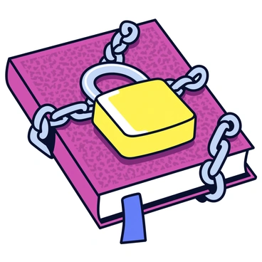 A thick book with a textured cover, featuring a deep burgundy color. Heavy chains are tightly wrapped around the book, crossing over the front and back. The chains are metallic gray with a shiny finish. A large padlock secures the chains, positioned prominently on the front of the book. The padlock has a shiny gold color, reflecting light. The background is a simple, unobtrusive color, allowing the book and chains to stand out.