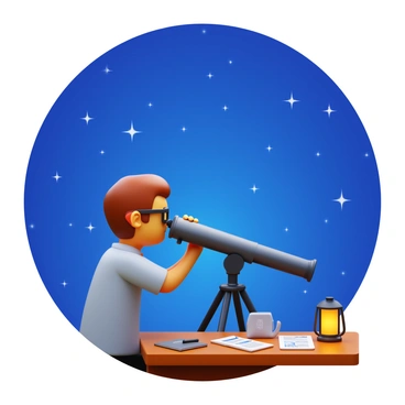 An astronomer with short brown hair wearing glasses is peering through a large telescope. The telescope is mounted on a sturdy tripod and is pointed towards a bright star-filled sky. The night is clear and the stars are shimmering vividly against the deep blue backdrop. The astronomer is surrounded by a few scattered astronomical charts and a small notebook on a wooden table. A soft glow from a nearby lantern provides illumination. The scene captures the focus and dedication of the astronomer in their quest to observe the cosmos.