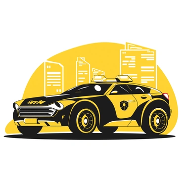 A futuristic police car with a streamlined body and angular design. The car has a prominent front grille and sleek headlights that give it an aggressive look. High-tech features are visible, including a digital dashboard and holographic displays. The vehicle is equipped with rotating lights on the top that emit bright beams. The wheels are large and designed for high speed, with intricate patterns on the rims. The color scheme features bold contrasts, with the main body predominantly black and yellow accents highlighting the emergency features. The setting includes a modern urban environment with tall buildings in the background.