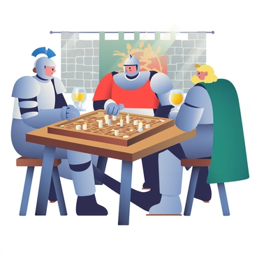 A group of three knights in shining armor is gathered around a rustic wooden table in a medieval tavern. The knights are engaged in a game of backgammon, with a large, intricately carved wooden board set between them. One knight has short brown hair and a blue plume on his helmet, while another has long blonde hair tied back, wearing a red tunic. The third knight is looking intently at the game, and he has dark hair and a green cloak draped over his shoulder. The table is adorned with a few goblets of ale and a small candle flickering softly, providing warm light in the dimly lit tavern. The stone walls of the tavern are rough, adding to the medieval atmosphere, and there is a tapestry hanging in the background depicting a battle scene.