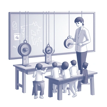 A tutor is standing in a classroom setting, engaged in a physics experiment. The tutor is positioned to the side, demonstrating the mechanics of pulleys. A sturdy wooden table in front of them holds a setup with two large pulleys affixed at the top. Ropes are threaded through these pulleys, and various weights are hanging from them, illustrating the principles of mechanics. The weights are labeled with their respective measurements. The background features a chalkboard filled with diagrams and equations relevant to the experiment. The tutor is using one hand to manipulate one of the ropes while explaining the experiment to a small group of attentive students gathered around.