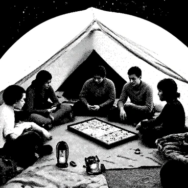 A group of campers is gathered inside a tent, engaged in a game of backgammon. The tent is spacious with visible fabric textures, and the campers are sitting on sleeping bags. There is a backgammon board set up on the ground between them, showcasing the pieces in play. The campers are diverse, with varying hairstyles and clothing styles. Outside the tent, a sky full of stars is visible through the open flap, creating a cozy nighttime atmosphere. There are hints of camping gear scattered around the tent, such as backpacks and a lantern.