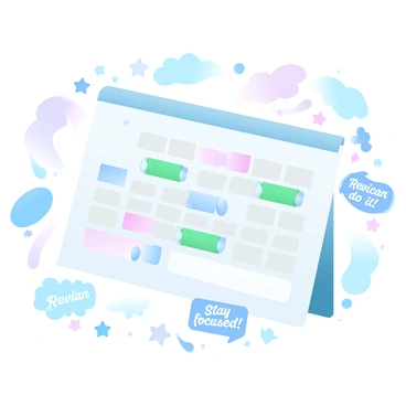 A calendar page is displayed with multiple dates marked in vibrant colors, indicating revision days. Each date is circled with a bright marker. Surrounding the calendar are various doodles, including stars, arrows, and abstract shapes, adding a playful touch. There are also motivational stickers with phrases like "You can do it!" and "Stay focused!" These stickers are in a variety of shapes, such as stars and clouds, contributing to the energetic atmosphere of the scene.