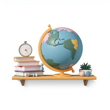A detailed globe, prominently displayed on a wooden shelf, features vibrant colors representing various continents and oceans. The globe is illuminated, highlighting the intricate geographical details. Surrounding the globe are various scientific instruments, including a balance scale and an assortment of weights, symbolizing the theme of "balance of forces." The shelf itself is adorned with books and a small potted plant, adding to the scholarly atmosphere of the setting.