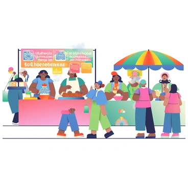 A vibrant street fair is taking place, filled with colorful booths showcasing crafts and foods from various cultures. In the foreground, there is a booth displaying handmade pottery with intricate designs in blue and orange hues. Next to it, a vendor is selling skewers of grilled meats, with smoke rising and a variety of sauces visible on the table. Bright banners in different languages are hanging above the stalls, adding to the festive atmosphere. People of diverse backgrounds are walking around, some tasting food samples, while others are admiring woven textiles and handmade jewelry displayed on tables. Colorful umbrellas provide shade for the visitors and create a lively scene filled with activity and cultural exchange.