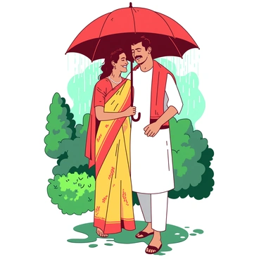 A Maharashtrian couple is standing close together under a vibrant red umbrella during a monsoon shower. The woman is wearing a traditional saree with intricate patterns in shades of yellow, while the man is dressed in a white kurta with a matching red scarf draped over his shoulder. Raindrops are cascading down from the umbrella, creating small splashes in the puddles on the ground. Their faces are lit up with smiles as they share a joyful moment, with the green surroundings thriving with the freshness of the monsoon. Small droplets of water can be seen glistening on the umbrella.