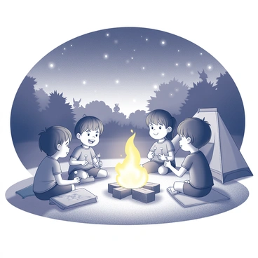 A group of cartoon children are gathered in a backyard camping scene. They are sitting around a campfire, which emits soft, flickering light. The kids are surrounded by playful camping gear, such as a tent pitched nearby and sleeping bags spread out on the grass. One child is roasting marshmallows on a stick over the fire, while another is telling a story, animatedly gesturing with their hands. The sky above is filled with stars, twinkling brightly against the night. There are trees in the background, and a few playful animal silhouettes can be seen peeking through the foliage.