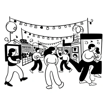 A girl with long flowing hair is standing amidst a bustling street festival. She is wearing a light summer dress and is surrounded by colorful stalls selling various goods. Festive decorations hang above her, creating a vibrant atmosphere. Around her, people are engaged in different activities, such as dancing, eating, and chatting. In the background, there are large balloons and banners adding to the festive spirit. The scene is filled with dynamic movement, capturing the excitement of the celebration.