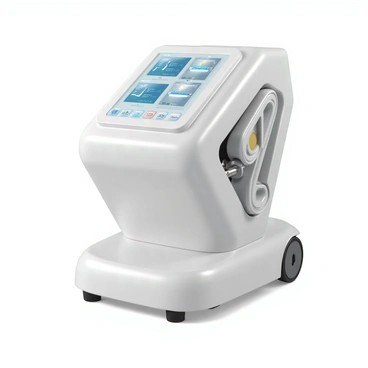 A sleek, futuristic hemodialysis machine with a streamlined shape and a glossy white finish. It features advanced digital interfaces with bright, touch-sensitive screens displaying various health metrics. The machine has a series of illuminated buttons and indicators that provide real-time data. It includes multiple compartments for storing dialysis supplies, all integrated into a compact unit. Flexible tubing and connectors are neatly organized for efficient use. The overall design emphasizes modernity and advanced technology, making it look both functional and cutting-edge.