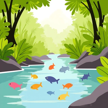 A dense jungle river flows through the scene, with lush green foliage and towering trees lining the banks. The water is clear, showcasing a variety of brightly colored fish swimming energetically beneath the surface. Shades of orange, blue, and yellow are prominent on the fish, creating a vibrant display against the darker green of the jungle surroundings. Sunlight filters through the tree canopy, casting playful reflections on the water. The scene is lively, capturing the essence of a thriving ecosystem.