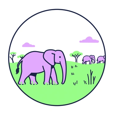 A simple round frame contains an illustration of an elephant walking across a savanna. The elephant has large ears and a long trunk, with its body shown in profile. The savanna landscape features tall grass, scattered acacia trees, and a clear sky in the background. In the distance, a few additional elephants are visible, walking together. The round frame enhances the focus on the scene within, emphasizing the natural beauty of the savanna environment.