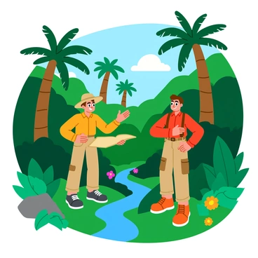 A dense jungle filled with lush green foliage surrounds two explorers. One explorer, wearing a wide-brimmed hat and khaki clothing, gestures emphatically while looking intently at a map. The other explorer, dressed in a bright red shirt and cargo shorts, has their arms crossed, showing a skeptical expression. Tall trees with thick trunks rise in the background, and colorful tropical flowers peek through the greenery. Sunlight filters through the leaves, casting dappled shadows on the forest floor. A small stream trickles nearby, adding to the vibrant atmosphere of the scene.