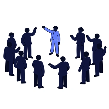 A crowd of dark silhouettes stands in a semicircle, their figures slightly varied in height and posture. Each silhouette has an arm extended with a finger pointed towards the center. In the middle, a single figure appears, standing with a neutral stance, facing the crowd. The lone figure is depicted clearly, contrasting against the surrounding silhouettes, which blend into a uniform shadow. The scene emphasizes the isolation of the central figure amidst the surrounding crowd.