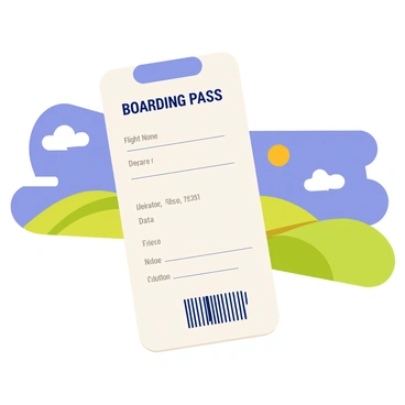 A sleek and modern airplane boarding pass featuring a rectangular shape with rounded corners. The boarding pass has a title in bold uppercase letters reading "BOARDING PASS" at the top. Below the title, there are sections for flight details, including the flight number, departure and destination cities, and the date in a clean, modern font. The pass has a small barcode in the lower right corner. In the background, there is a vibrant illustration of a scenic landscape with rolling hills, a bright blue sky, and fluffy white clouds.