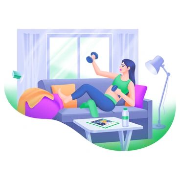 A cozy living room featuring a person engaged in a "dumbbell bicep curl challenge." The individual is wearing athletic clothing and has a focused expression while lifting a dumbbell in one hand. Surrounding the person are soft furnishings, including a comfortable sofa adorned with throw pillows and a warm blanket draped over the armrest. A small coffee table is placed in front of the sofa with a water bottle and a fitness magazine on it. Natural light streams in through a window, illuminating the space and creating a welcoming atmosphere.