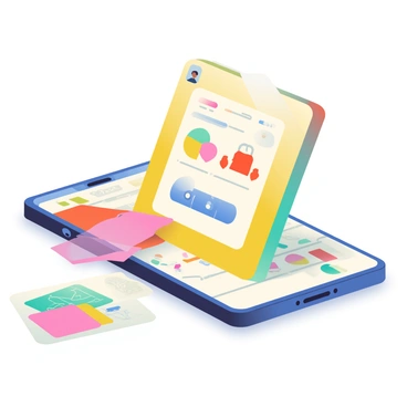 A smartphone is shown in the center of the image, featuring a bright, vibrant screen that displays a fashion illustration app. The screen showcases various easy-to-use tools such as a color palette, a brush icon, and clothing templates arranged neatly for user access. Surrounding the smartphone are scattered fashion sketches and fabric swatches, illustrating the creative process. The phone is positioned on a wooden table, with a soft light reflecting off its surface, enhancing the clarity of the app's visual elements.