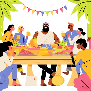 A vibrant scene depicting "Samson" sitting at the center of a large, ornate wooden table laden with a variety of colorful dishes. There are platters of roasted meats, bowls of fresh fruits, and pitchers of golden liquid. Surrounding Samson are several friends and family members, all engaged in lively conversation and laughter. The characters vary in appearance, some with long hair and beards, while others are adorned with colorful garments. The setting includes banners hanging in the background and an abundance of greenery, suggesting an outdoor celebration. Each person is animated, holding cups and utensils, adding to the joyful atmosphere.