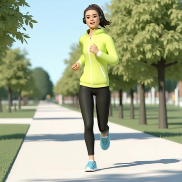 A woman, wearing a bright neon green reflective jacket, black leggings, and blue running shoes, is jogging on a path in a park. She has her hair tied in a ponytail and wears a pair of black headphones. The sun is shining, casting shadows of the trees along the path. In the background, there are green trees with vibrant leaves and a clear blue sky. The woman looks focused and determined as she maintains a steady pace.