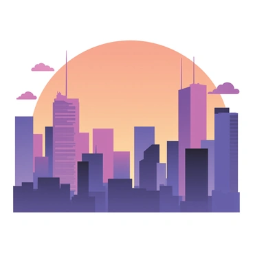 A digital flat illustration depicting a vibrant city skyline at sunset. The sky is filled with a gradient of warm colors transitioning from orange to deep purple. Silhouettes of various office buildings are prominently featured against the colorful backdrop. The buildings vary in height and shape, with some having antennas and others featuring large glass windows. There are a few clouds in the sky, softly illuminated by the setting sun. The scene conveys the bustling energy of a city as day transitions to night.