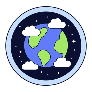 A view of "Earth" seen from a round window of a "space station." The "planet" appears vibrant with blue oceans and green landmasses. "Clouds" float above the surface, casting soft shadows. The "space station" has sleek metallic walls and a control panel visible inside the window frame. The dark expanse of "space" surrounds the planet, dotted with distant stars.