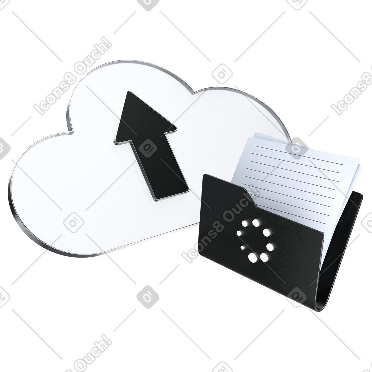 Caricamento cloud e cartelle con documenti, migrazione archiviazione di dati digitali illustrazione in stile 3D Pro scarica in PNG, SVG