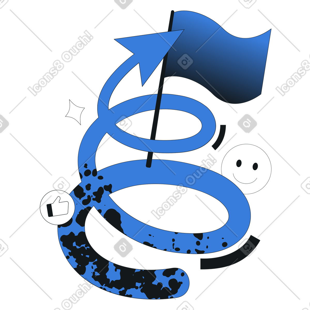 Curved rising arrow ending in flag goal concept achievement illustration clipart