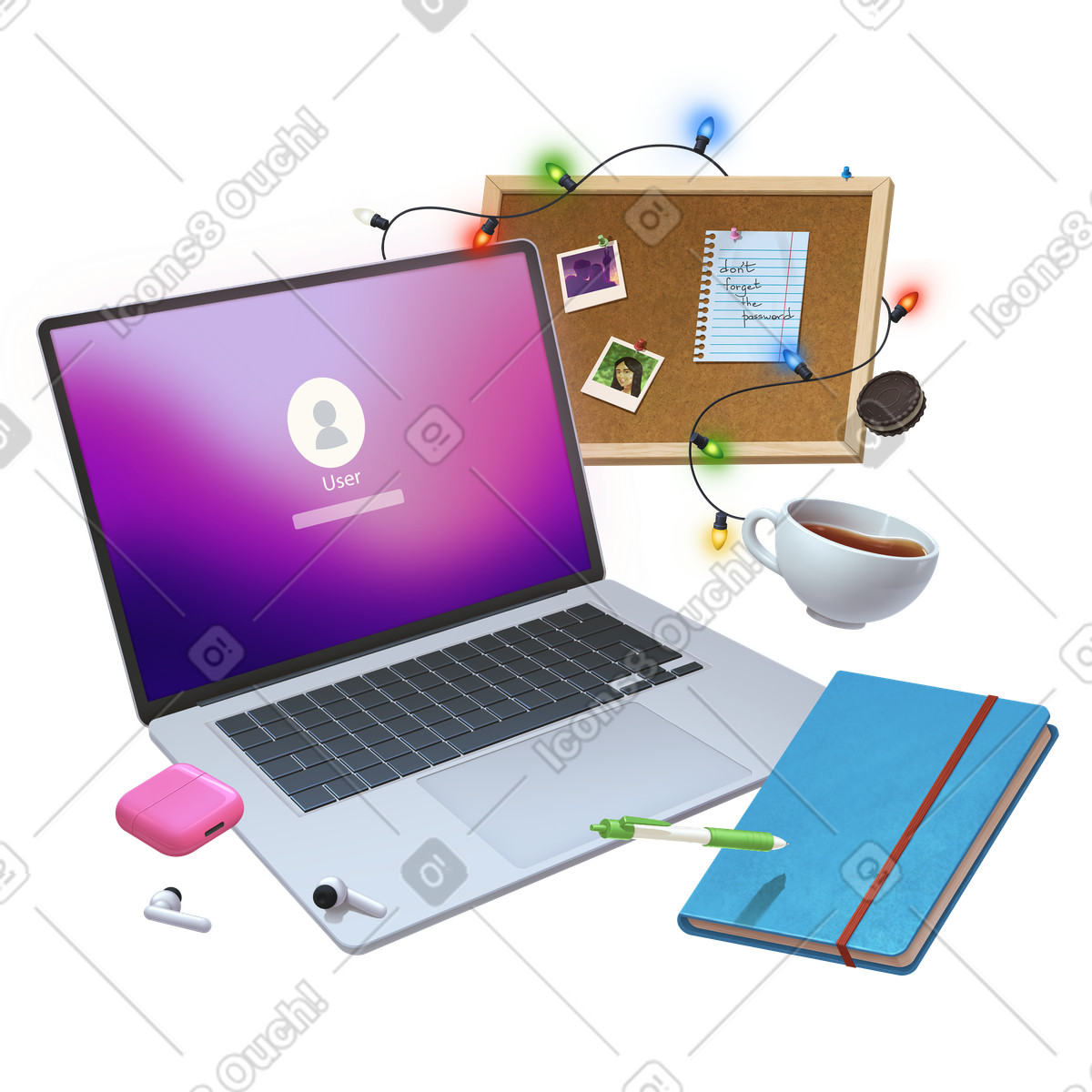 Props 스타일의 Remote work setup with laptop and decorated bulletin board 일러스트레이션 PNG, SVG 다운로드