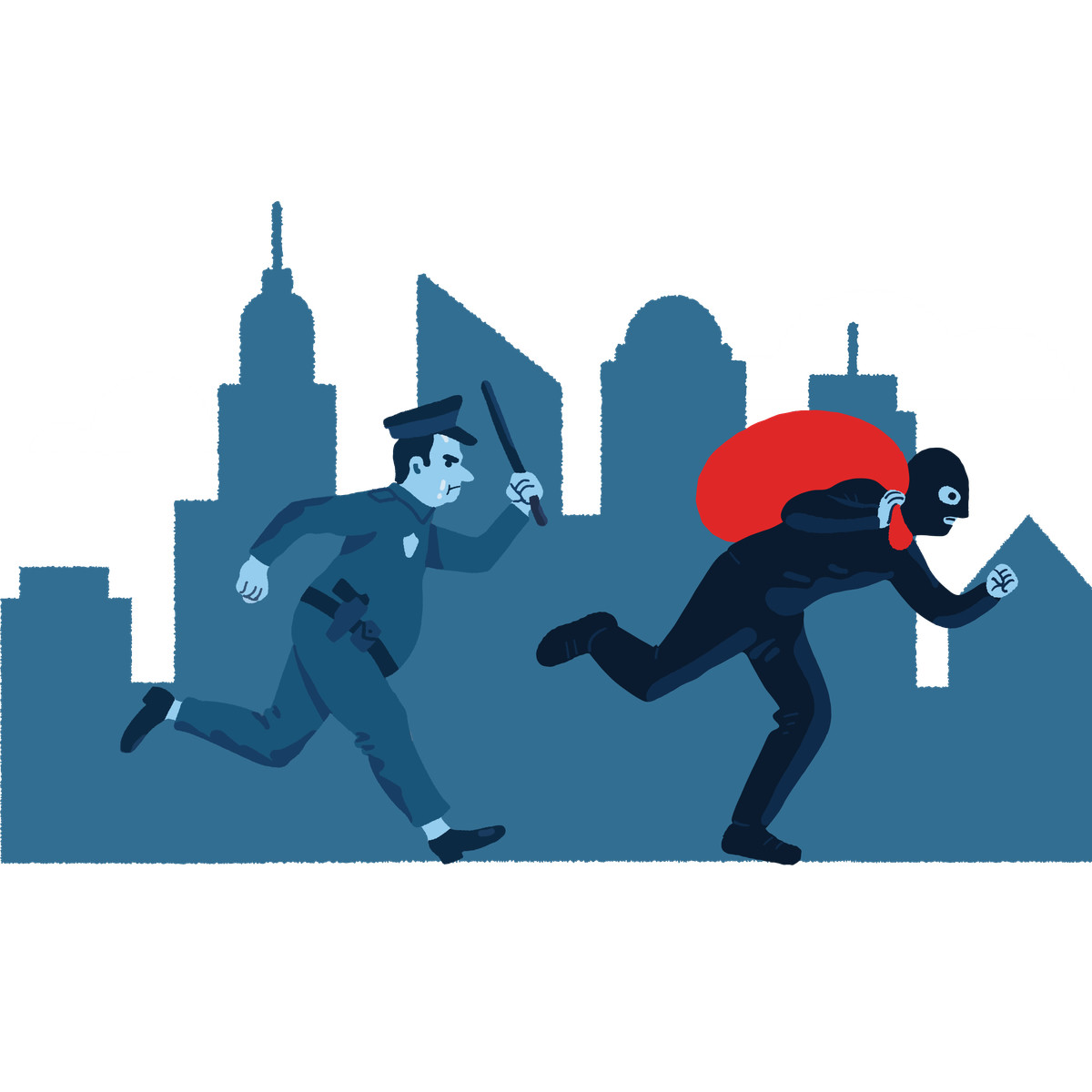 Иллюстрация Police officer chasing masked burglar in city, Crime prevention or law enforcement в стиле Cherry — скачать в форматах PNG, SVG