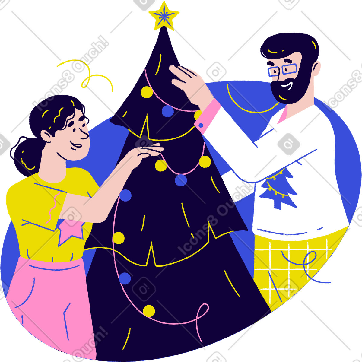 Ilustração de Homem e mulher decoram uma árvore natal em no estilo Holidays para baixar em PNG, SVG