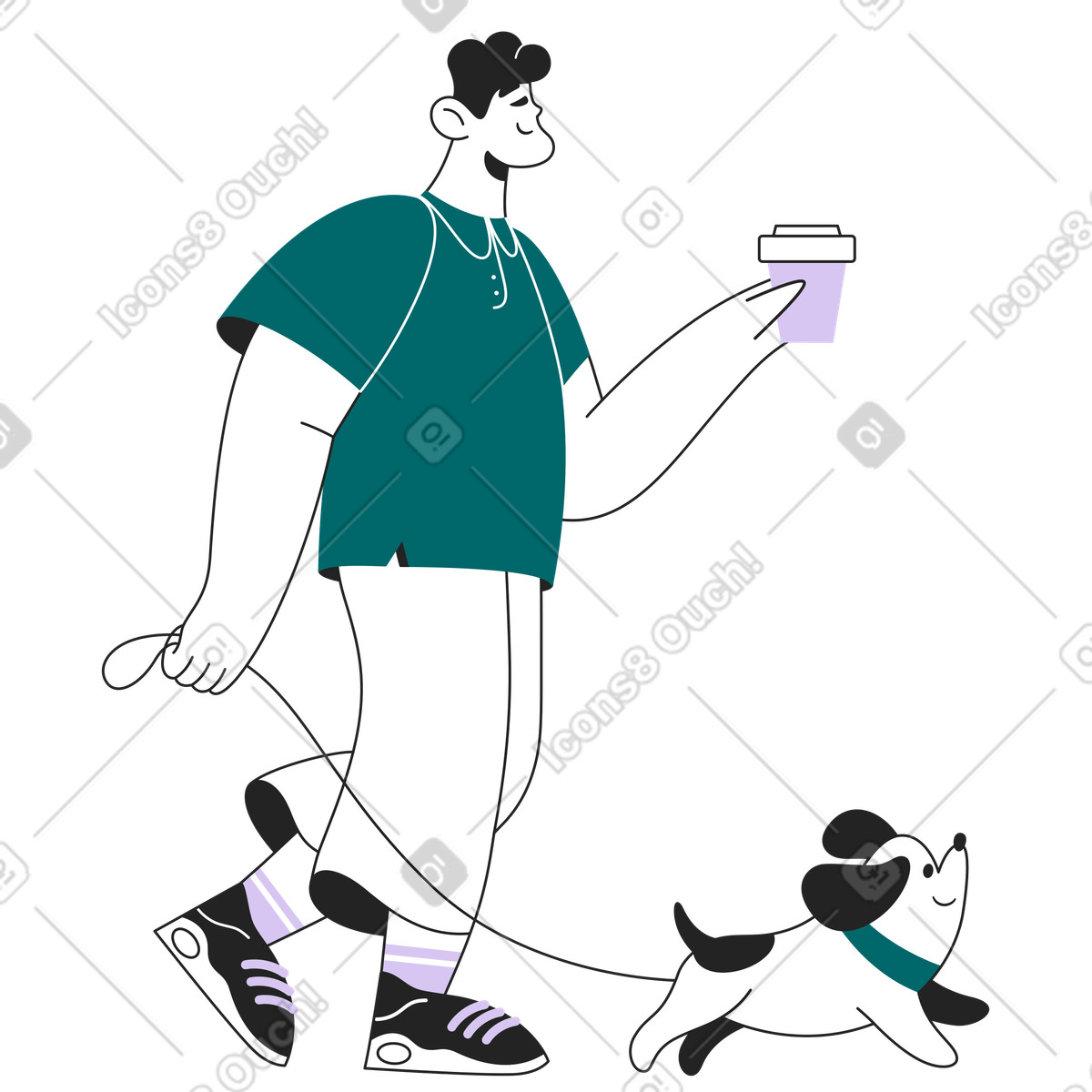 下载 Sammy Line 风格的 Walk with pet and coffee in hand, Urban lifestyle pets 插画，支持 PNG、SVG 格式