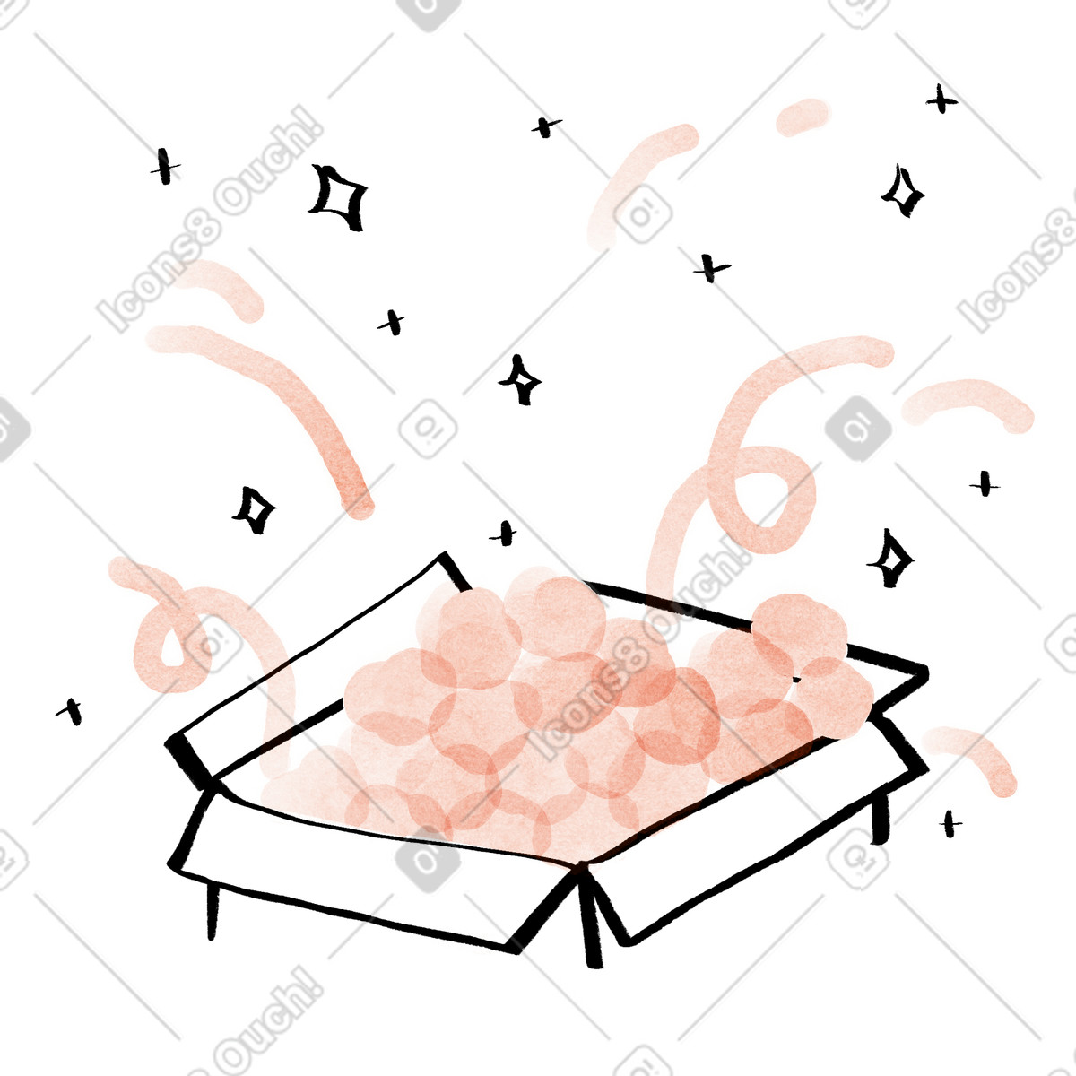 Open gift box with confetti burst, Celebration and surprise event animated illustration in Hand-drawn animation style download in GIF, Lottie (JSON), AE